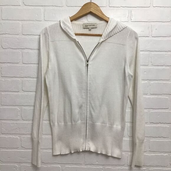 Jones New York ecru Knit Hood Cardigan Cream Off White Zipper 100% Cotton Large - Picture 12 of 12